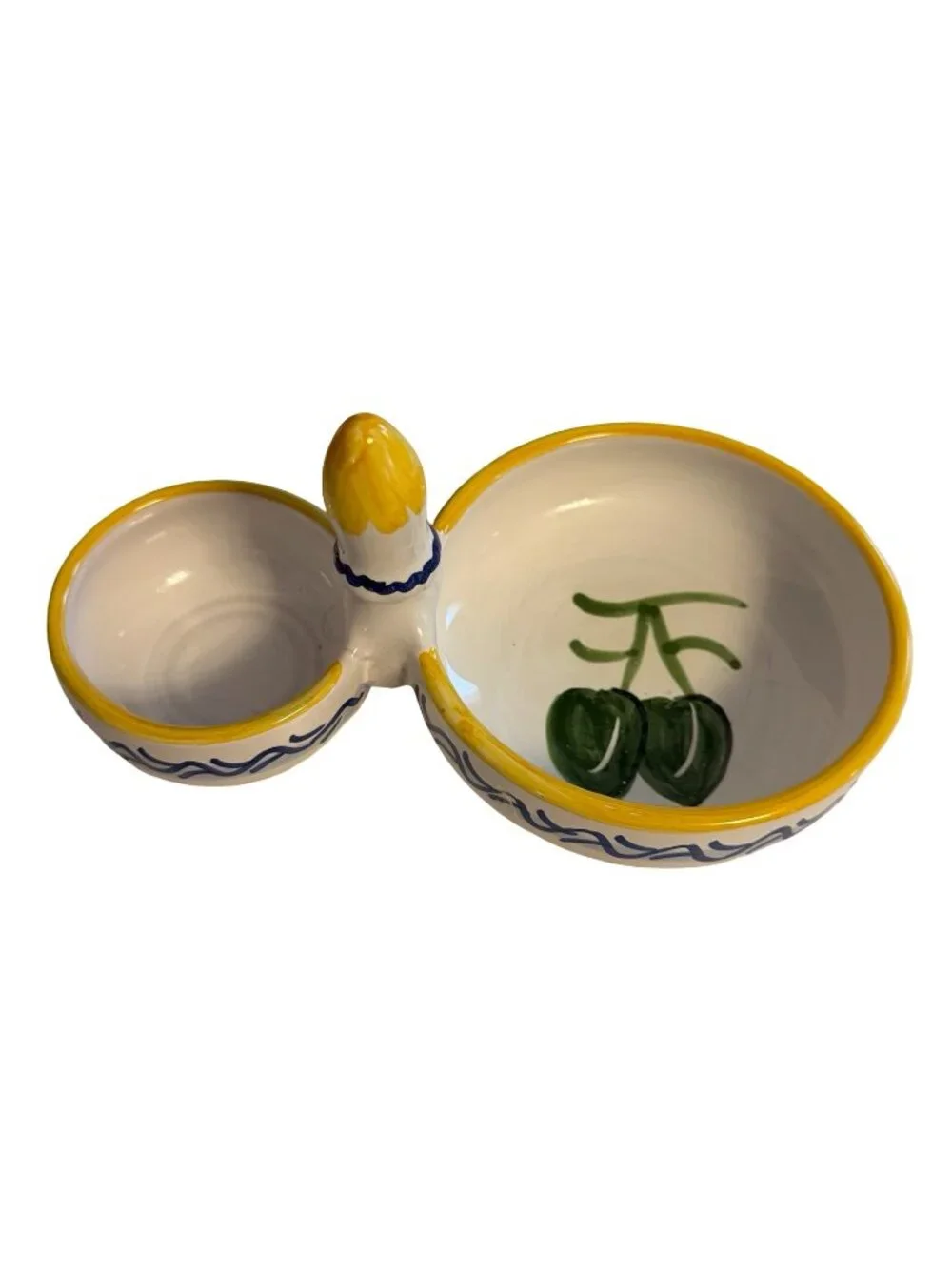Vintage Spanish Hand Painted Ceramic Olive Serving Dish Pit Bowl Toothpick Holde
